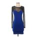 Forever 21 Cocktail Dress - Bodycon Crew Neck Long sleeves: Blue Print Dresses - Women's Size Small