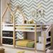 Twin over Twin House Bunk Bed with White Storage Staircase and 2 Blackboards, White and Natural with Safety Guardrails