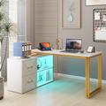 Willa Arlo™ Interiors Vioria 55" Reversible L-Shaped L-Shaped Metal Base Writing Desk w/ LED Light & Power Outlets Wood/Metal | Wayfair