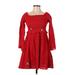 Free People Casual Dress - A-Line Square 3/4 sleeves: Red Print Dresses - Women's Size X-Small