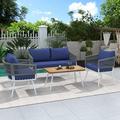 SEGMART 4 Piece Patio Conversation Set Boho Rope Patio Furniture Set with Acacia Wood Table All-Weather Outdoor Woven Rope Sofa Set with Thick Cushion for Porch Backyard Balcony Navy Blue