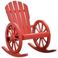 Adirondack Rocker Chair Wooden Rocking Chair w/Slatted Design and Oversized Back Outdoor Rocking Chair with Wagon Wheel Armrest for Porch Poolside and Garden (Red)