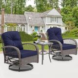 3 Piece Patio Swivel Rocker Chairs Set 2 360-Degree Swivel Rocking Chairs with 1 Glass Top Table PE Rattan Outdoor Bistro Set with Cushions for Balcony Deck Poolside Backyard Porch