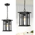 JIAH Farmhouse Outdoor Hanging Light 14.7â€� Exterior Ceiling Pendant Light for Porch Die-Cast Aluminum in Clear Glass Shade Black Finish 20068H-L BK