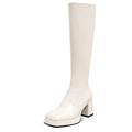 USIMAD Knee High Boots for Women Gogo Boots Chunky Heel Platform Boots Square Toe Tall Boots for Women Long Boots Side Zipper, A-knee High-white, 8 UK