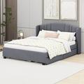 Latitude Run® Queen Size Upholstered Platform Bed w/ Wingback Headboard, One Twin Trundle & 2 Drawers Upholstered in Gray | Wayfair