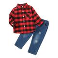 DkinJom the boys fall outfits Kids Toddler Baby Boys Shirt Jacket Plaid Letter Long Sleeve Coat Outwear Jeans Pants Outfit Set 2PCS Clothes