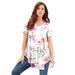 Plus Size Women's Swing Ultra Femme Tunic by Roaman's in White Romantic Rose (Size 30/32) Short Sleeve V-Neck Shirt