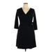 Lands' End Casual Dress - Wrap V-Neck 3/4 sleeves: Black Print Dresses - Women's Size 10