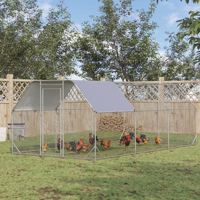 PawHut Large Chicken Coop Metal Chicken Run with Waterproof and Anti-UV Cover, Flat Shaped Walk in Fence Cage Hen House