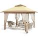 Joyspirit 12 x12 Outdoor Gazebo with Curtains and Mosquito Netting Pop-Up Canopy Tent for Patio Parties and Backyard Gatherings 144 Square Feet Shelter with 2-Tiered Vented Top Beige Color