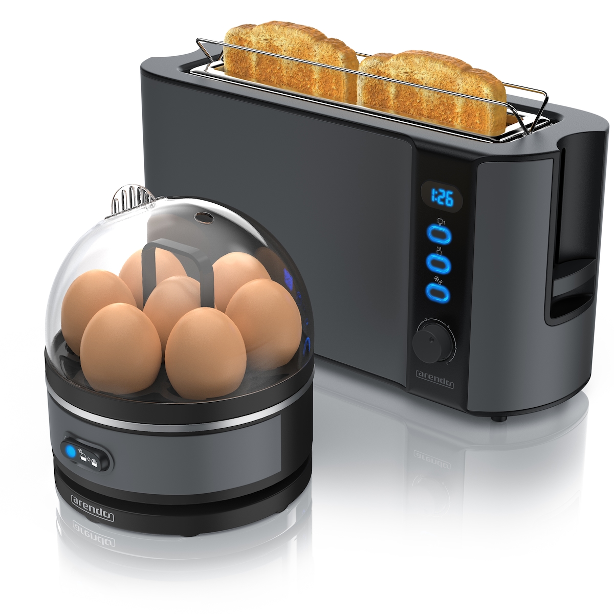 Arendo - SET Toaster FRUKOST mit Eierkocher SEVENCOOK Edelstahl Grau, Toaster 2 Scheiben, LED-Display, 6 Bräunungsgrade, Brötchenhalter - Eierkocher Image