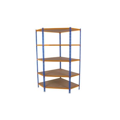 SimonRack Maderclick Eckregal aus Metall ohne Schrauben, 5 Böden. Farbe BLAU/ORANGE/HOLZ 1800x900x400 mm Image