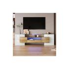 Meuble tv 200 cm, meuble tv blanc et bois avec éclairage led, surface en verre, pour salon
