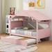 Solid Wood House Bed Twin Platform Bed with Storage Shelf, Trundle, Skylight, No Box Spring Needed Slat Support - Pink