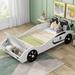 Modern Twin Size Race Car-Shaped Platform Bed with Leather Seat Wingback & Storage Front, Wooden Twin Bedframe with 4 Wheels