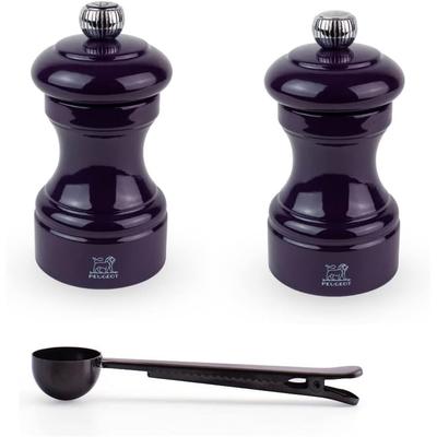 Peugeot Bistro Manual Salt & Pepper Mill Gift Set, Gloss Painted Wood, 10 cm - 4″- With Stainless Steel Spice Scoop/Bag Clip