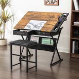 VECELO Drafting Table Drawing Table Artist Desk Tilting Tabletop Art Craft Desk, 2 Storage Drawers and Stool for Home Office