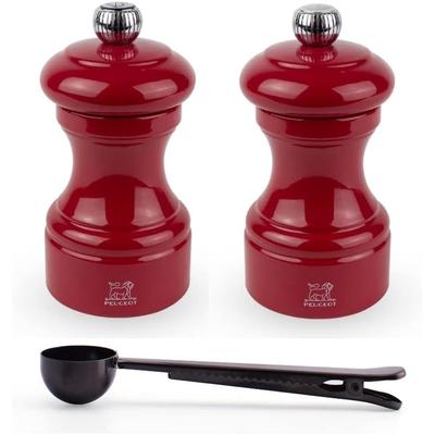 Peugeot Bistro Manual Salt & Pepper Mill Gift Set, Gloss Painted Wood, 10 cm - 4″- With Stainless Steel Spice Scoop/Bag Clip