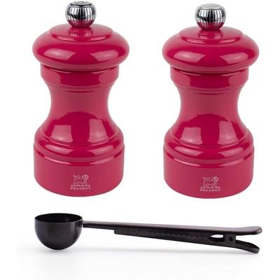 Peugeot Bistro Manual Salt & Pepper Mill Gift Set, Gloss Painted Wood, 10 cm - 4″- With Stainless Steel Spice Scoop/Bag Clip