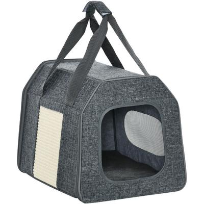 Pawhut - Transporttasche für Katzen, faltbar, mit Liegekissen, Netzfenster, Kratzmatte, grau, 40,5