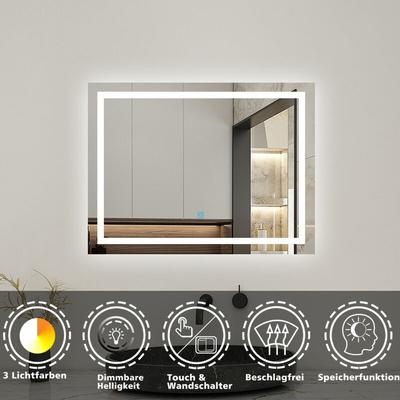 Badspiegel mit Beleuchtung 50x70cm - Kalt/Neutral/Warmweiß Dimmbar+Wand/TouchSchalter+Beschlagfrei