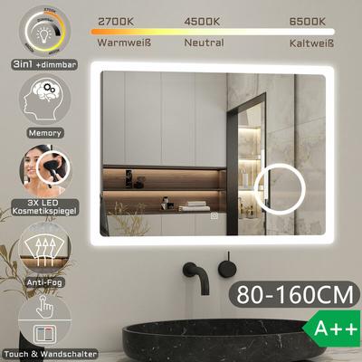 Badspiegel Wandspiegel Badezimmerspiegel LED Touch Beleuchtung Beschlagfrei+Kosmetikspiegel+3 Image
