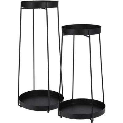 Blumentopf Ständer aus Metall in schwarz 2er Set - H 58 / 46 cm - Deko Blumenregal mit 2 Ablagen