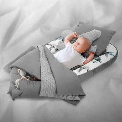Joyz Babynest aus Baumwolle, 90x50 cm, Safari mit grauem Minky, 5-Teilig