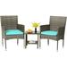 3 Piece Outdoor Furniture Set Chair Furniture Bistro Conversation Set2 Wicker Chairs with Blue Upholstery and Glass Coffee Table