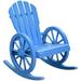 Outdoor Lounge Rocking Chair with Wagon Wheel Shaped Armrests Rustic Style Wooden Rocker with Wide Seat for Garden Country Yard Blue