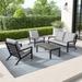 Vermont 4-Piece Aluminum Conversation Set with Slatted Faux Wood Top Slate Black Frame with Light Gray Cushions