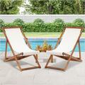 Set of 2 Patio Lounge Chair Portable Wooden Recliner Beach Sling Chair Khaki