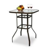 SYTHERS Patio Bistro Pub Table Outdoor Metal Square Bar Height Cocktail Table with Tempered Glass Tabletop & Umbrella Hole Brown