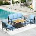 Summit Living 5-Seat Outdoor Conversation Set with 46 Imitation Wood Fire Pit Table Outdoor Furniture Metal Sofa Beige Cushions