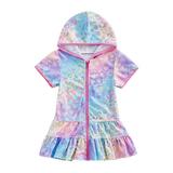 Virmaxy Girls Kids Hooded Robes Toddler Girls Full Zip Up Swimsuit Coverup Short Sleeve Lightweight Beach Bathing Suit Robe Multicolor 4T