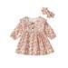 FEORJGP Infant Baby Girl 2-piece Outfit Long Sleeve Princess Dress Doll Collar Flower Print A-line Dress with Headband Fall Cute Elegant Outfit