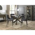 Bentley Designs Turin Glass 4 Seater Round Dining Table Dark Oak Legs with 4 Cezanne Dark Grey Faux Leather Chairs - Black Legs