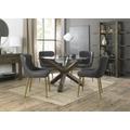 Bentley Designs Turin Glass 4 Seater Round Dining Table Dark Oak Legs with 4 Cezanne Dark Grey Faux Leather Chairs - Gold Legs