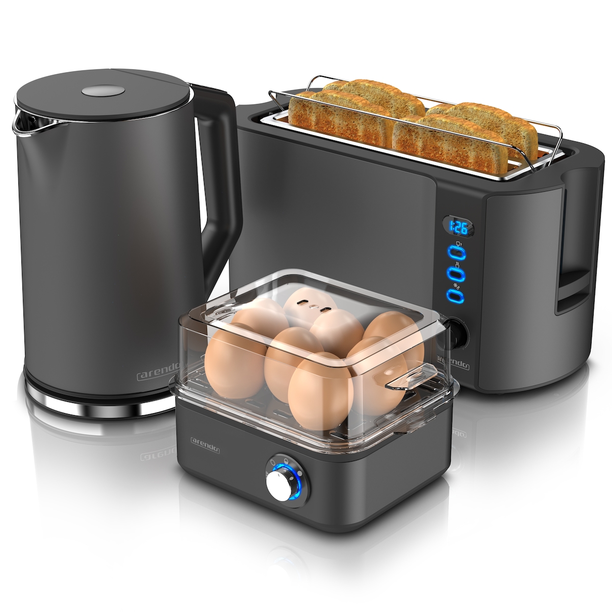 Arendo 3-teiliges Frühstücksset - Wasserkocher 1,5l, 4-Scheiben Toaster, 8er Eierkocher, Grau Image