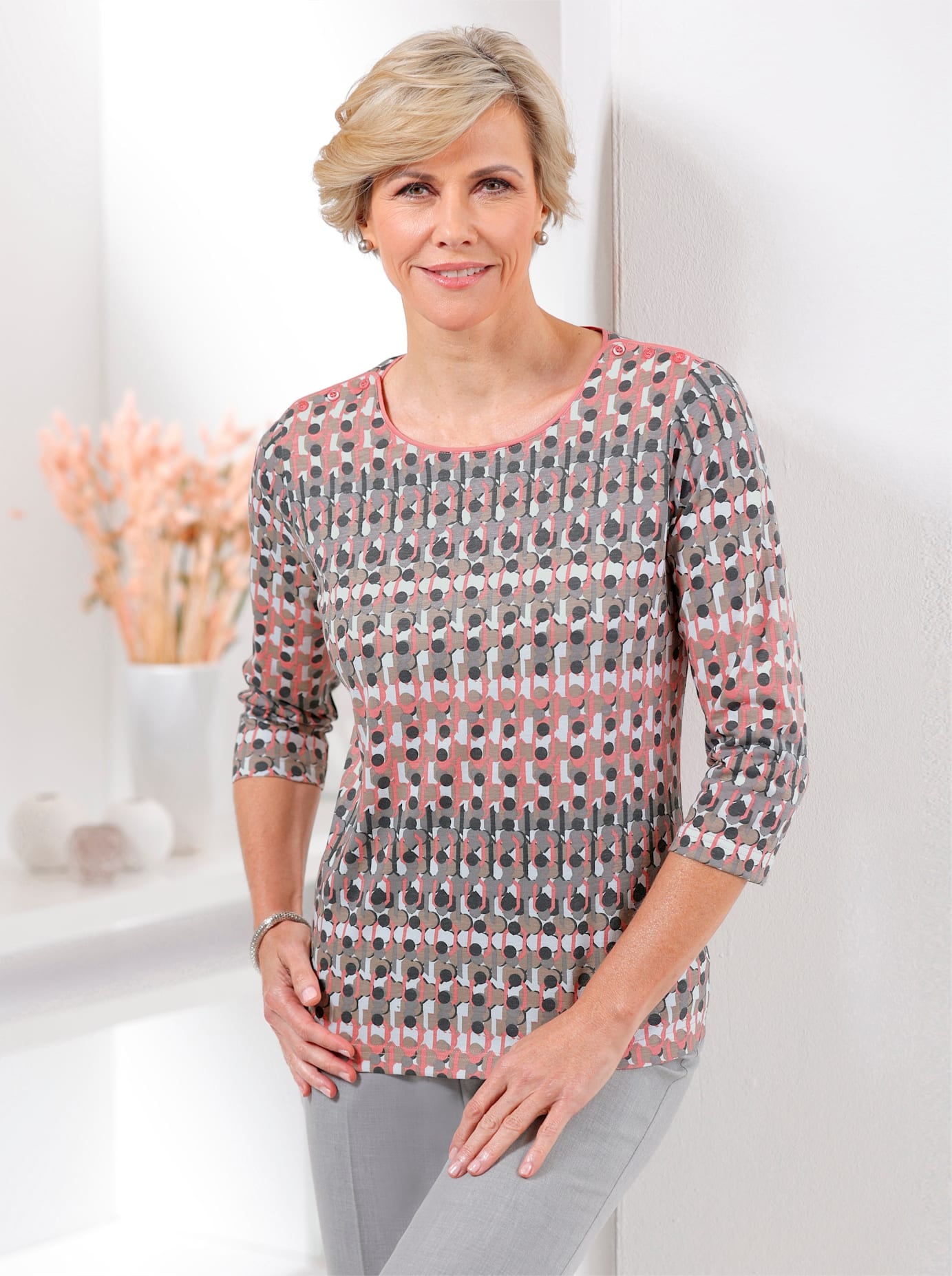 Rundhalsshirt CLASSIC "Shirt", Damen, Gr. 44, rosa (flamingo, grau, bedruckt), 50% Baumwolle, 50% Modal, gemustert, mehrfarbig, Rundhals, Shirts Rundhalsshirt