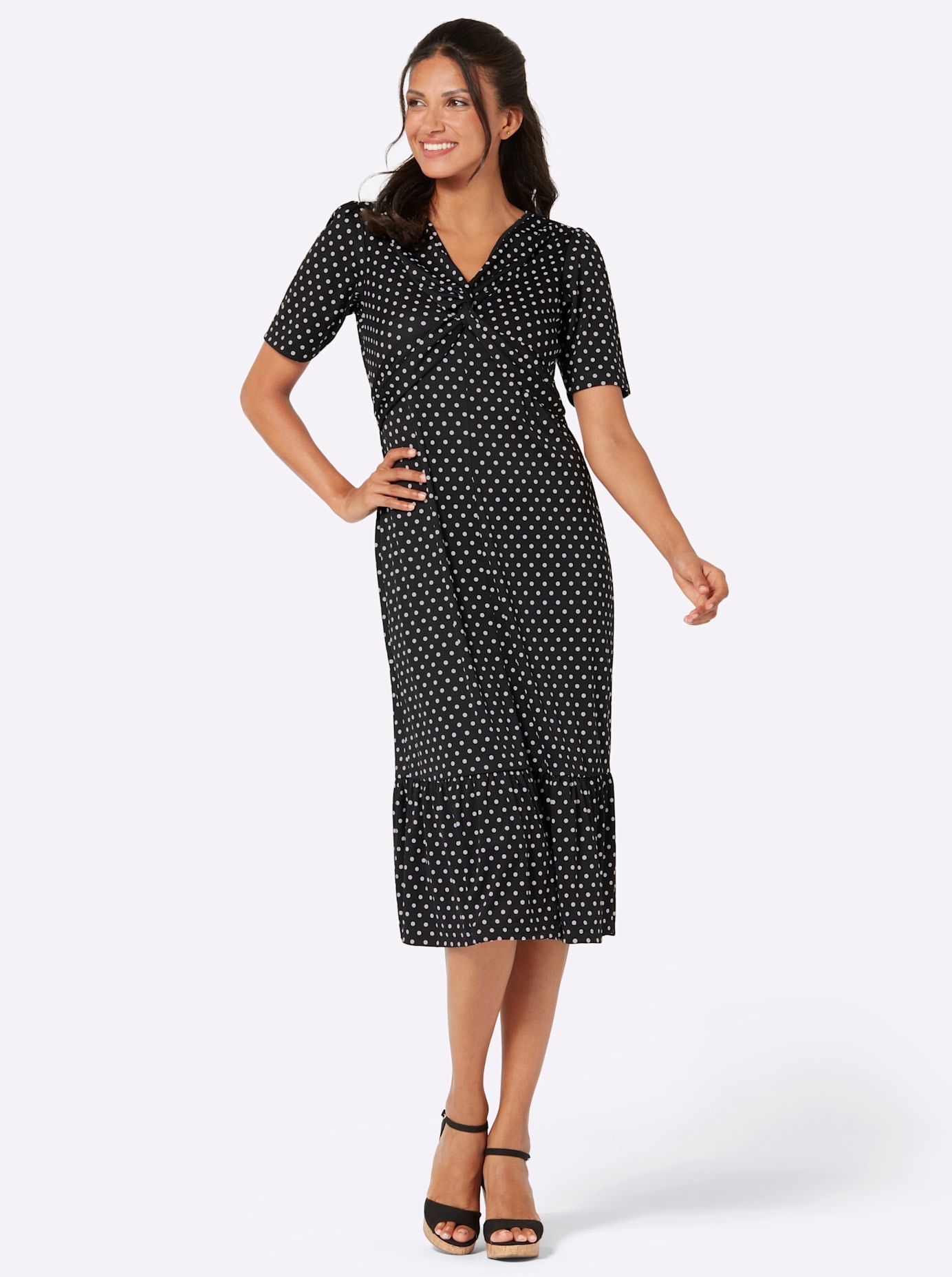 Shirtkleid CLASSIC BASICS "Jersey-Kleid", Damen, Gr. 52, Normalgrößen, schwarz-weiß (schwarz, weiß, getupft), Jersey, 100% Polyester, geblümt, gemustert, gepunktet, mehrfarbig, wadenlang, V-Ausschnitt, Kleider Image