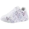 Sneaker SKECHERS "UNO LITE - SPREAD THE WORLD", Kinder, Gr. 29, lila (weiß, lila), Synthetik, sportlich, Schuhe, Schnürschuh mit süßem herzchen Print, Größenschablone zum Download