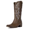 Choiran Cowboy Boots for Women - Embroidered Cowgirl Boots Western Mid Calf Fashion Chunky Heel Pointed Toe Country Boots, Brown, 7 UK