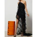 Robe longue en tulle transparente pour femme robe trapèze bretelles spaghetti volants à plusieurs