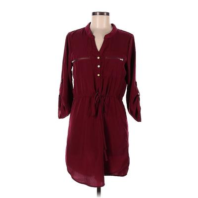 rue21 Casual Dress - Shirtdress V Neck 3/4 sleeves: Burgundy Print Dresses - Women's Size Medium