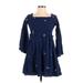 Free People Casual Dress - A-Line Square 3/4 sleeves: Blue Print Dresses - Women's Size Small
