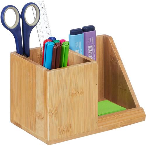 Schreibtisch Organizer, Bambus, 2 Fächer, für Bürobedarf & Kosmetik, Stiftebox, hbt: 10,5x17,5x10,5