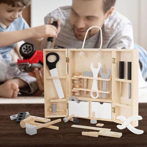 Werkzeugkasten für Kinder, 21x30x8 cm, Natur, aus Holz, inkl. 8 Werkzeugen, Montessori Spielzeug ab