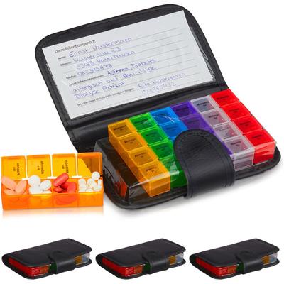 Relaxdays - 4 x Tablettenbox mit Etui, 7 Tage, je 4 Fächer, wöchentliche Pillendose für unterwegs &